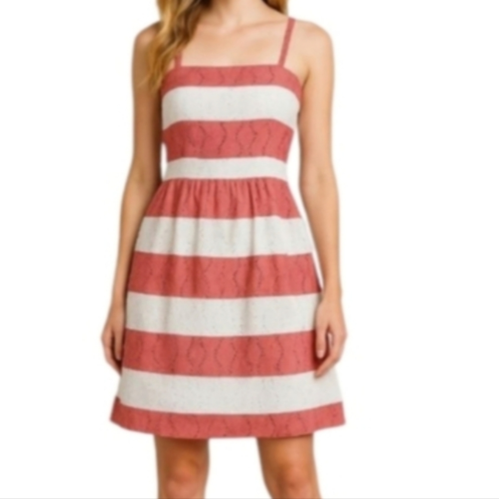 Loft Cotton Eyelet Floral Rose Mauve Pink Stripe Dress Sleeveless 8